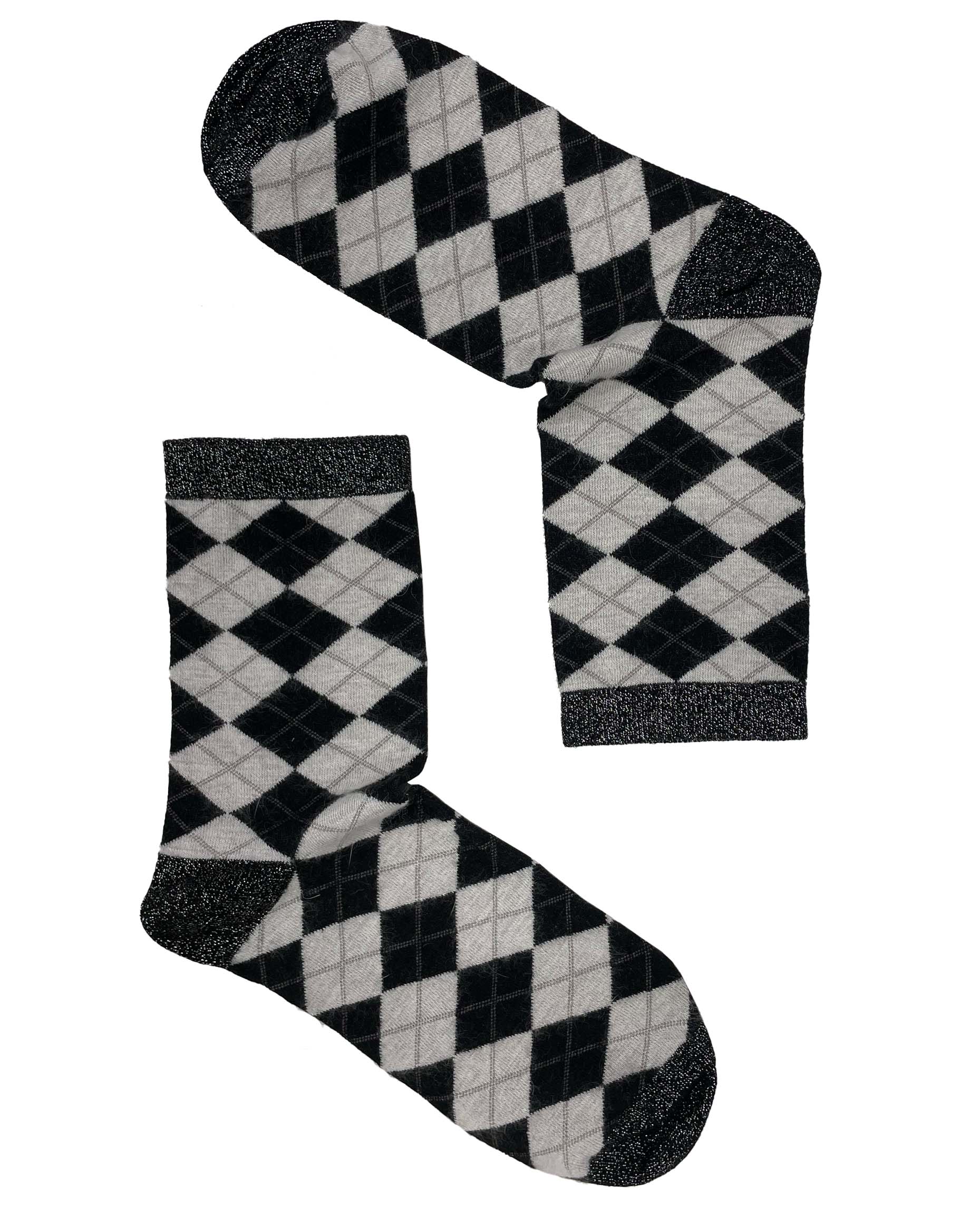 SiSi Scottish Sock - Warm and soft angora mix ankle socks with a diamond tartan / argyle pattern in black and light grey with silver lam̩ cuff, heel and toe.