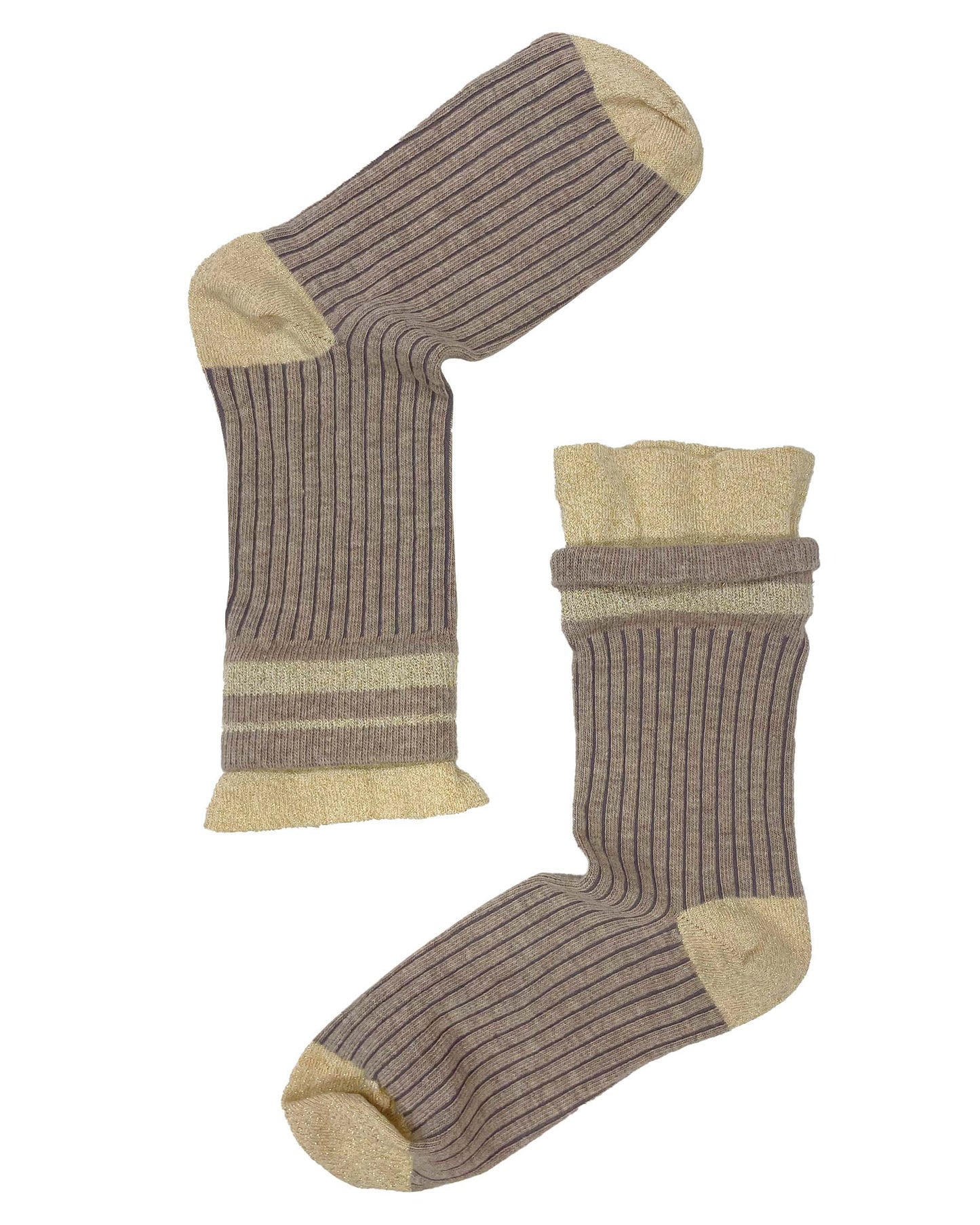 SiSi Pinstripe Calzino - Oat beige coloured soft and warm cotton ribbed ankle socks with deep comfort cuff with contrasting gold lam̩ stripes, toe and heel.