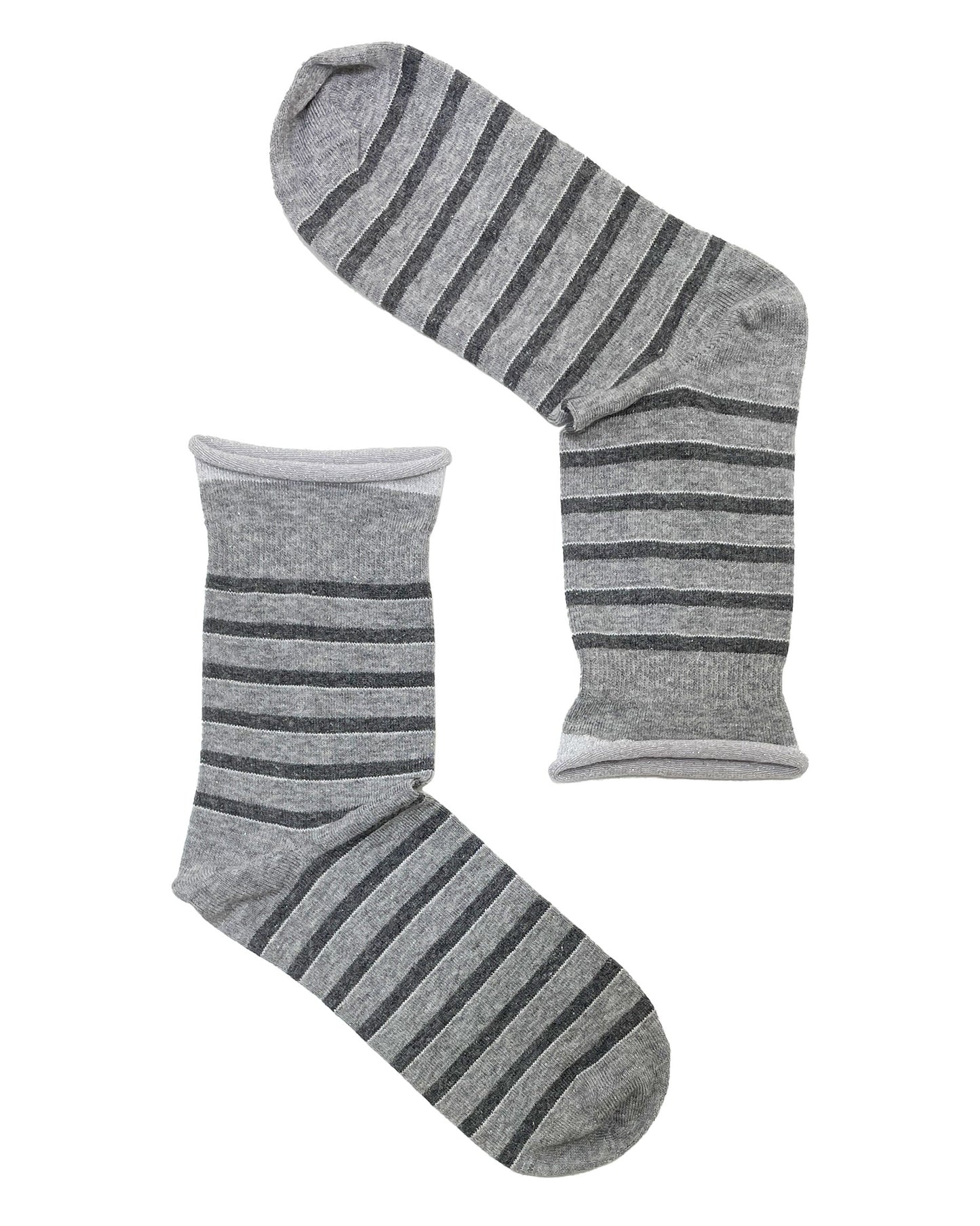 SiSi Rules Calzino - Light grey soft viscose mix ankle socks with dark grey horizontal stripes and sparkly silver lam̩..
