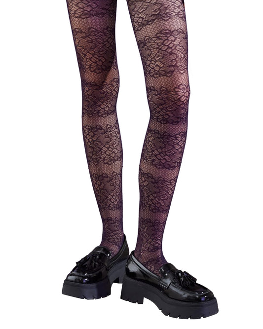 SiSi Floral Lace Tights - Dark purple micro-mesh fashion tights with a horizontal floral lace style panel pattern.