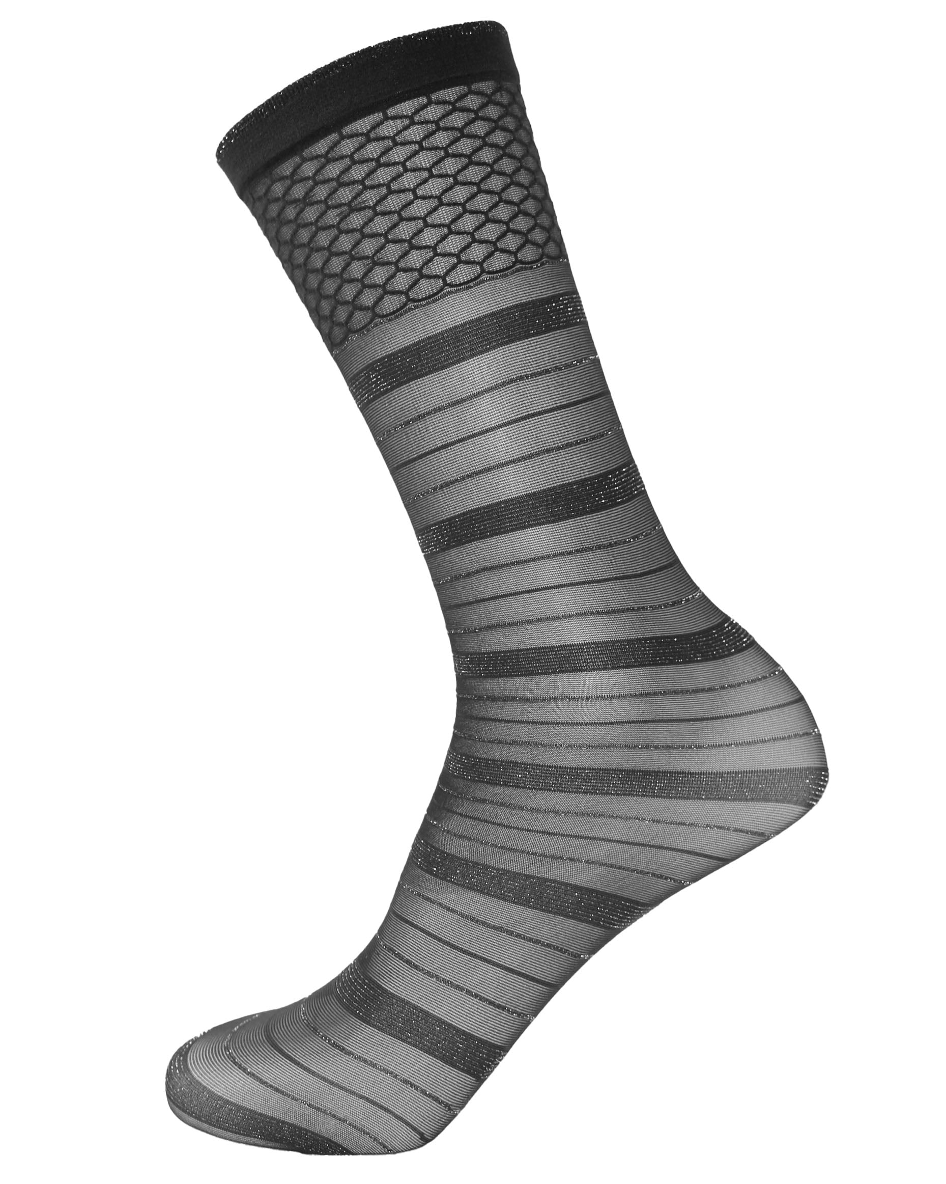 SiSi Lines Calzino - Sheer black fashion ankle socks with a horizontal striped pattern with sparkly silver lam̩ and deep honeycomb patterned cuff.