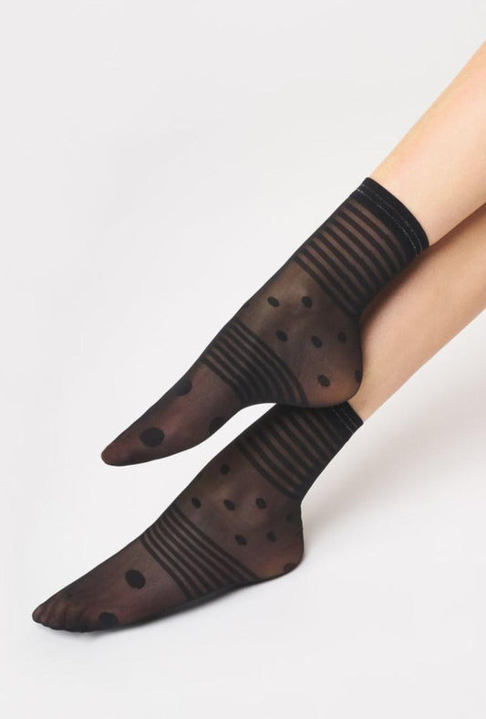 SiSi Dots Calzino - Sheer black micro-mesh fashion ankle socks with an opaque polka dot and stripes pattern and silver lamí© striped cuff.