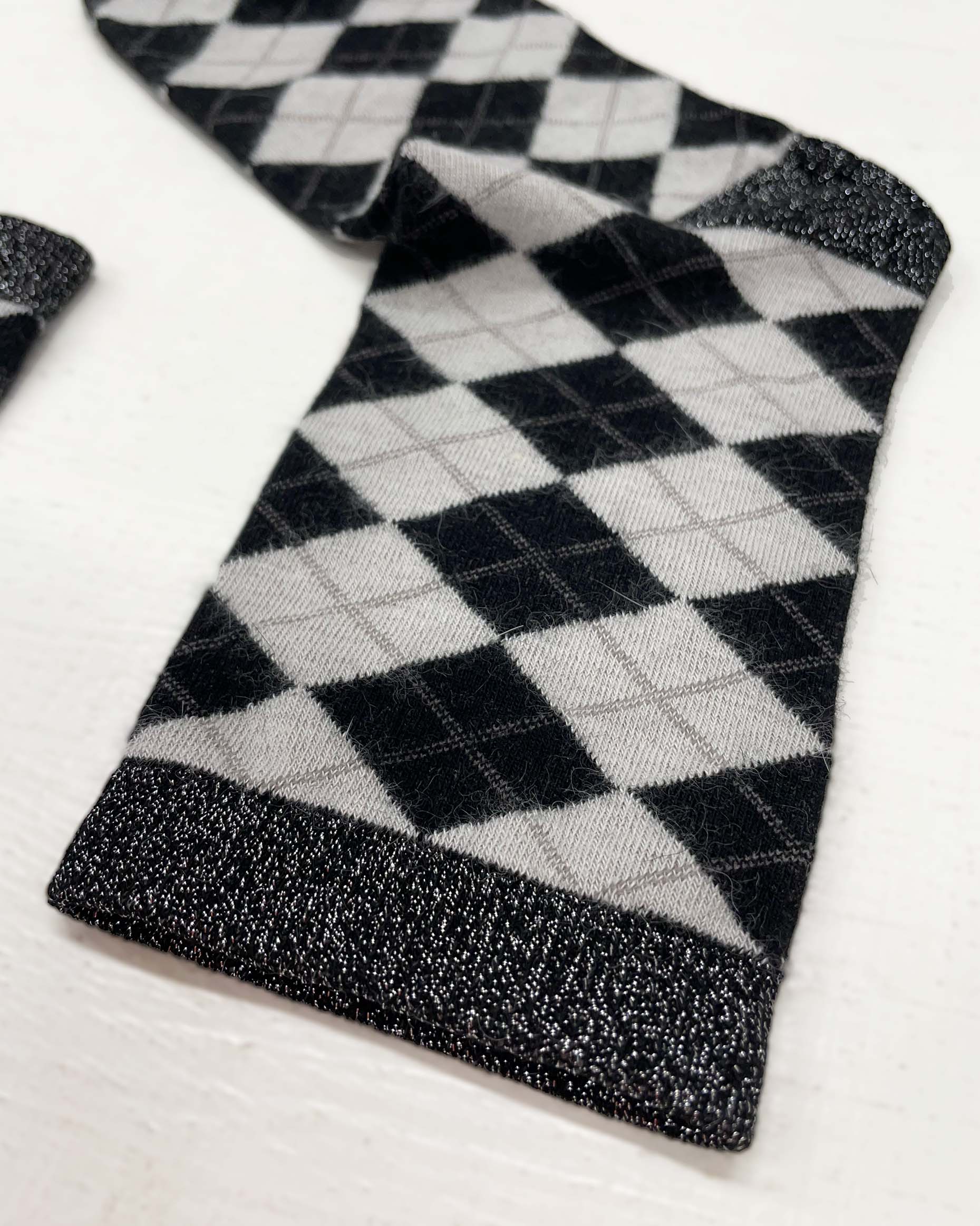 SiSi Scottish Sock Detail - Warm and soft angora mix ankle socks with a diamond tartan / argyle pattern in black and light grey with silver lam̩ cuff, heel and toe.