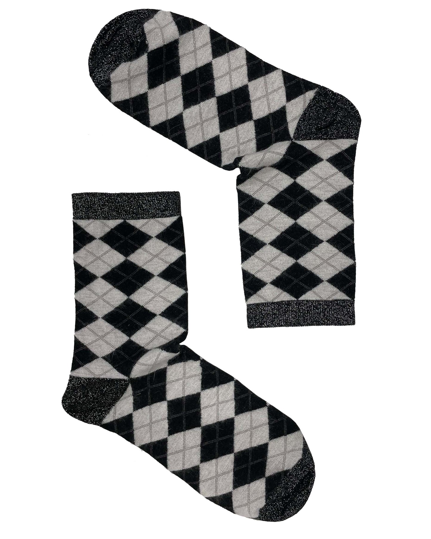 SiSi Scottish Sock - Warm and soft angora mix ankle socks with a diamond tartan / argyle pattern in black and light grey with silver lam̩ cuff, heel and toe.