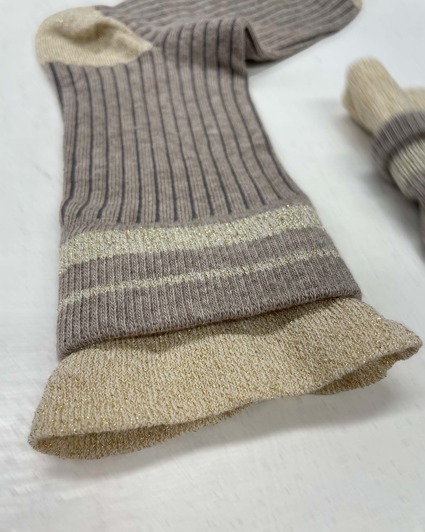 SiSi Pinstripe Calzino - Oat coloured soft and warm cotton ribbed ankle socks with deep comfort cuff with contrasting gold lam̩ stripes, toe and heel.