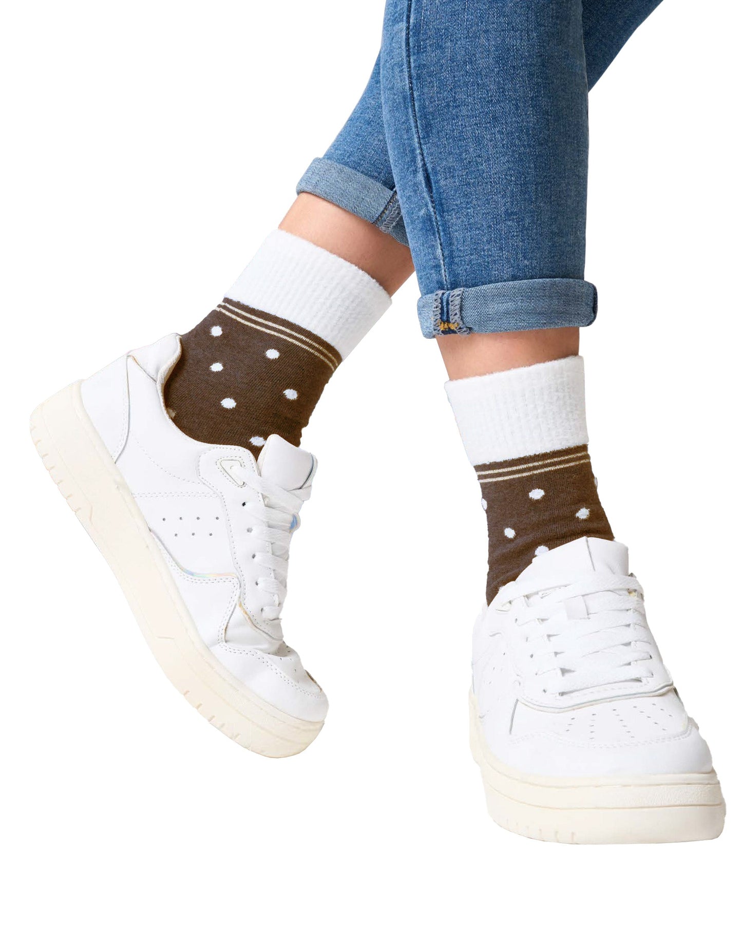 SiSi Puff Calzino - Brown cotton mix ankle socks with a contrasting cream fluffy faux fur polka dot pattern, double faux fur cuff with gold lam̩ stripe.