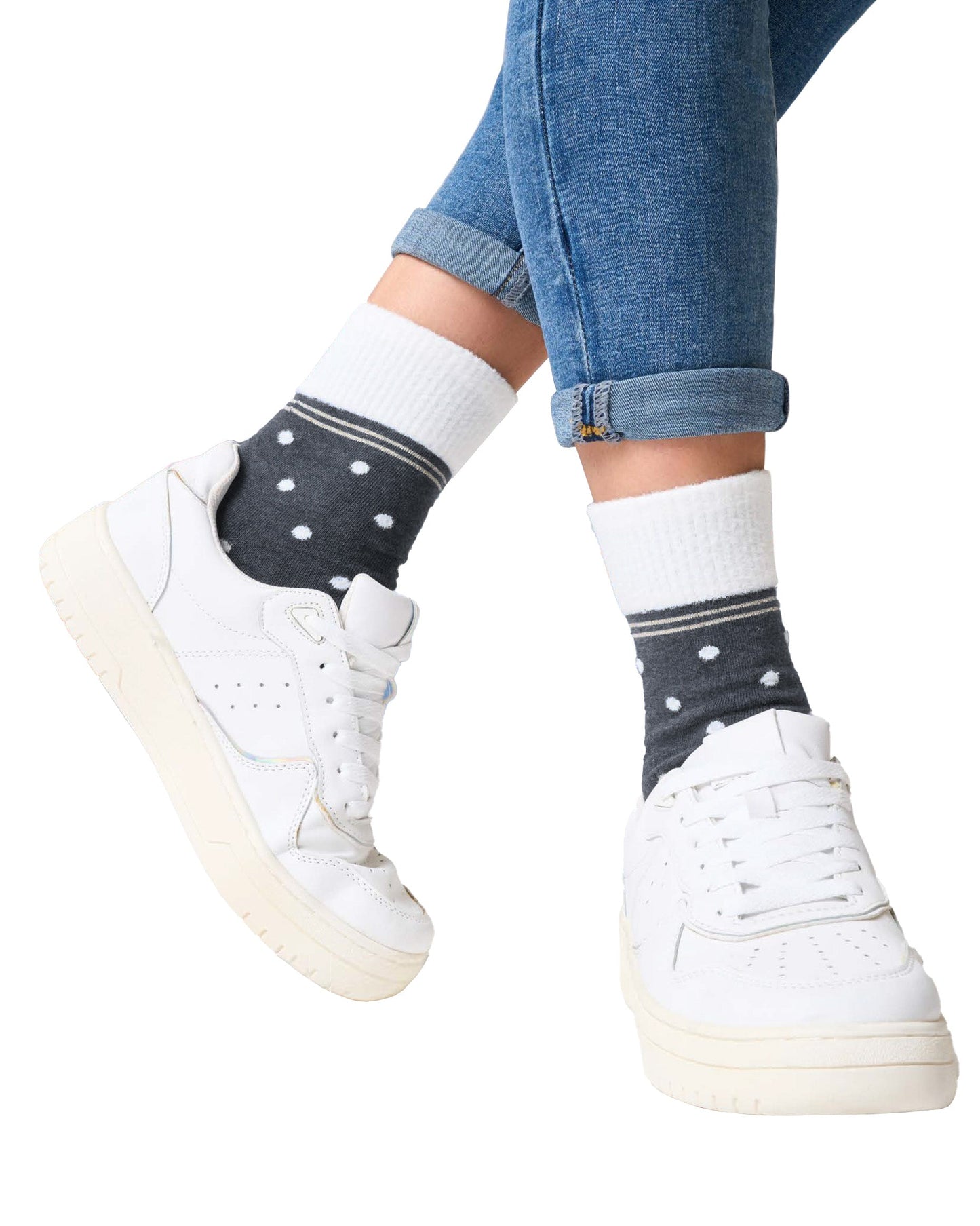 SiSi Puff Calzino - Grey cotton mix ankle socks with a contrasting cream fluffy faux fur polka dot pattern, double faux fur cuff with gold lam̩ stripe.