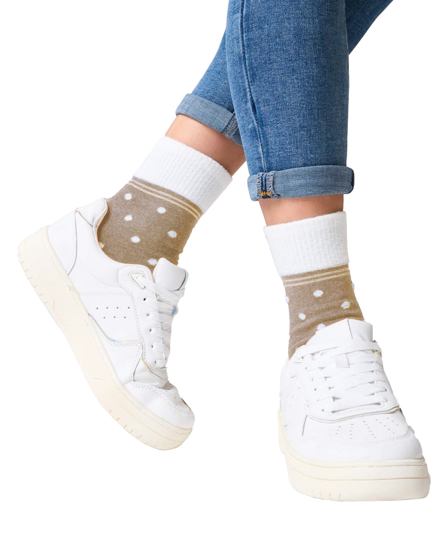SiSi Puff Calzino - Beige / oat cotton mix ankle socks with a contrasting cream fluffy faux fur polka dot pattern, double faux fur cuff with gold lam̩ stripe.