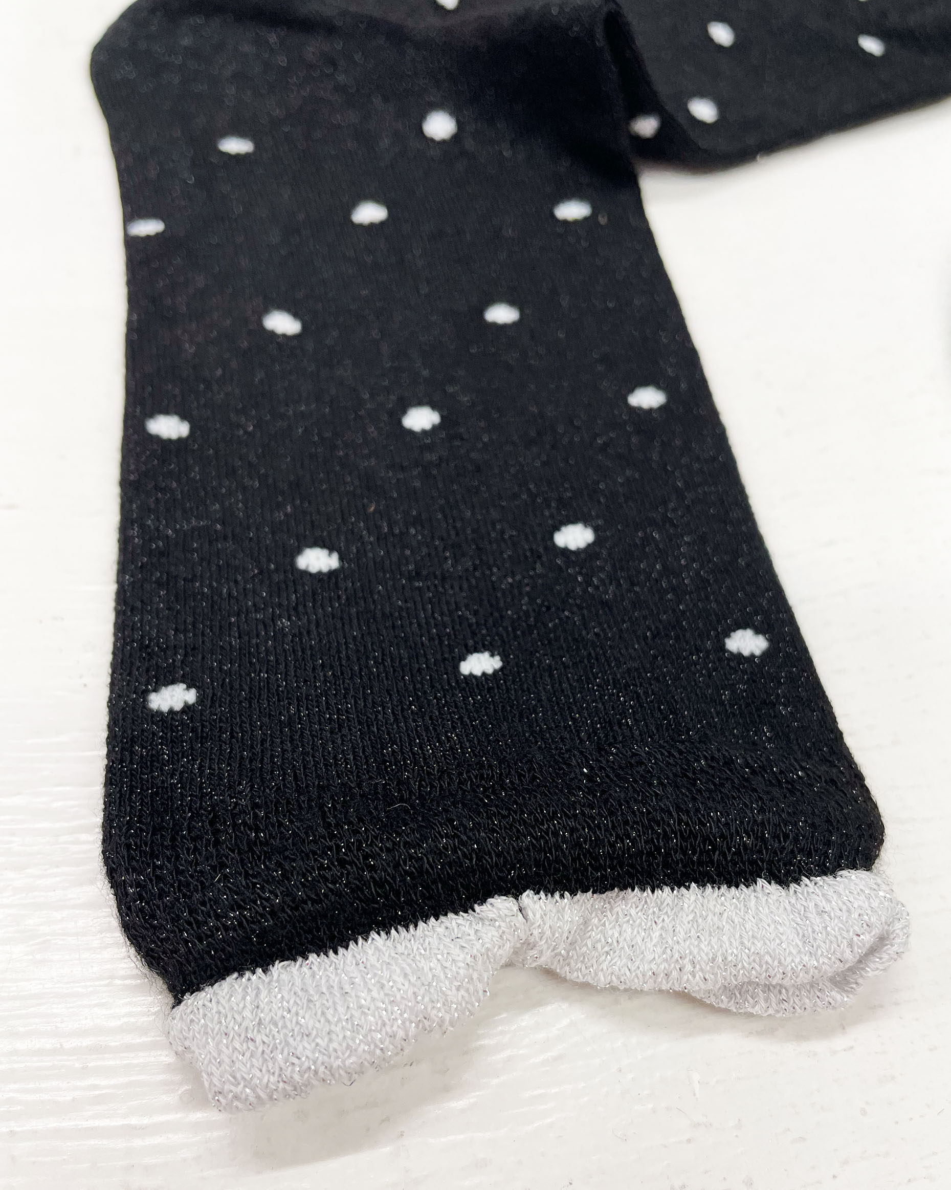 SiSi Smile Sock - Black viscose mix sparkly lam̩ ankle socks with an all over silver polka dot pattern, silver comfort edge with gathered stitching.