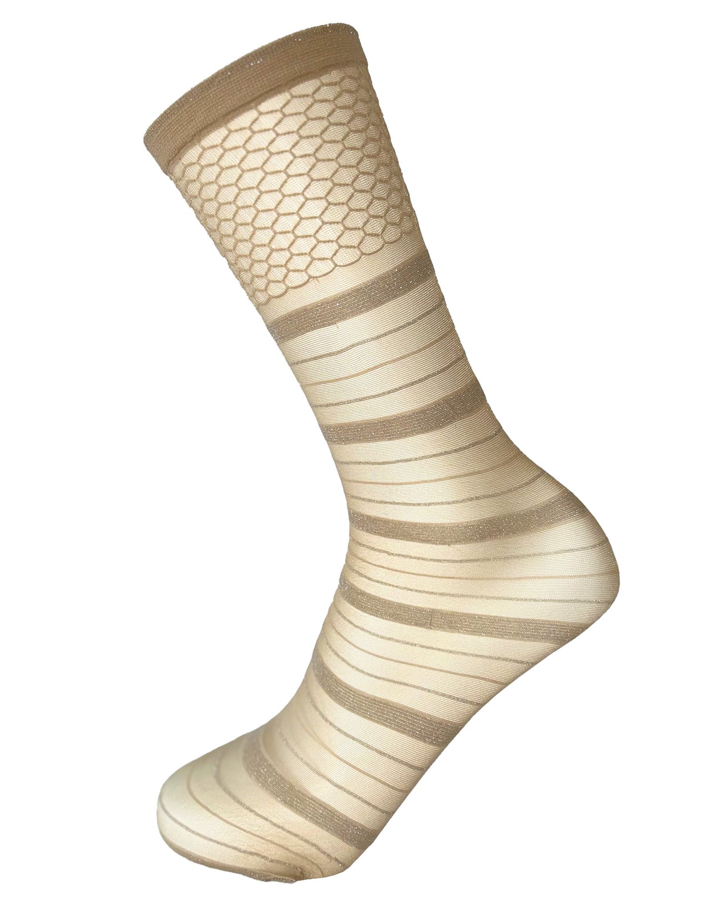 SiSi Lines Calzino - Sheer nude fashion ankle socks with a horizontal striped pattern with sparkly silver lam̩ and deep honeycomb patterned cuff.