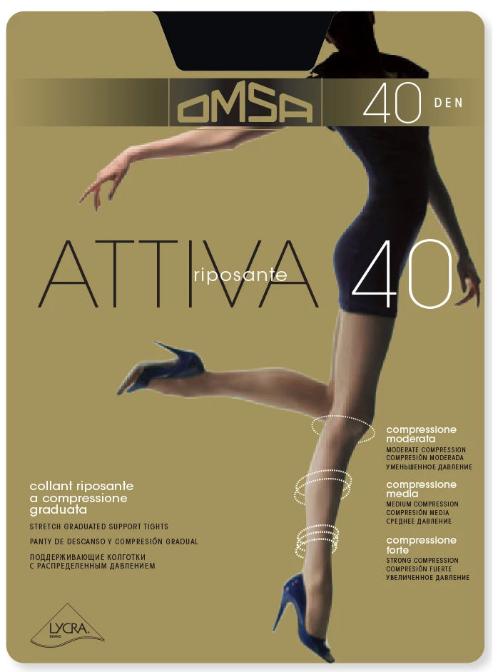 Omsa Attiva 40 light support tights, gradual compression, helps conceal cellulite, good for flights and being on your feet all day.